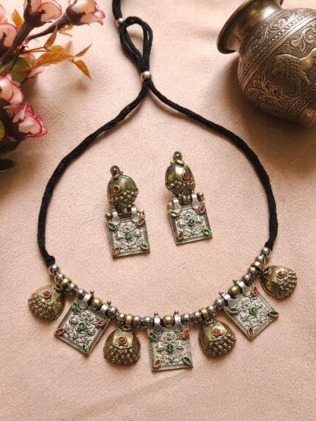 Triveni Antique Silver & Gold Oxidised Necklace & Earrings Set