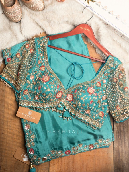 Cinderella Teal Satin Crepe Saree with Embroidered Readymade Blouse