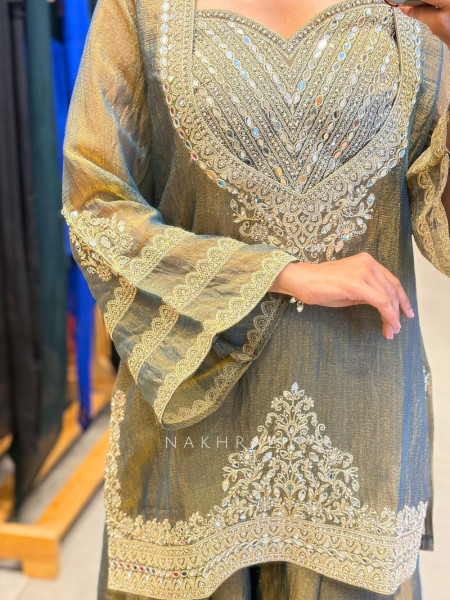 Aura Green Indo Western Palazzo Set with Mirror Embroidery