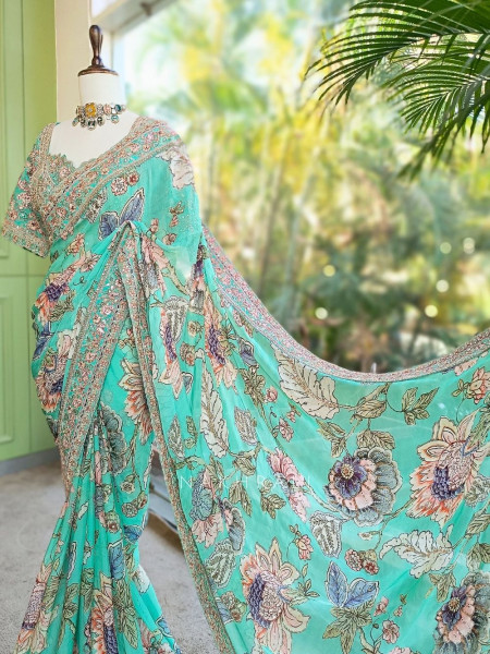 Neelvanika Firozi Floral Saree with Sequin Mirror Embroidery