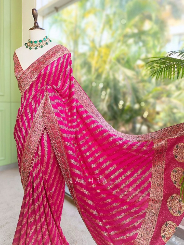 Image of Mayurika Magenta Banarasi Brocade Saree with Woven Border