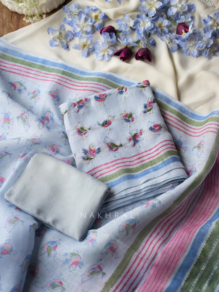 Image of Panchi Light Grey Twill Blend Dress Material with Bird Thread Embroidery