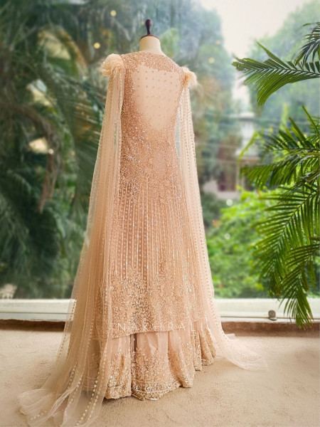 Aafreen Beige Indo-Western Bridal Lehenga with Sequin Embellishments