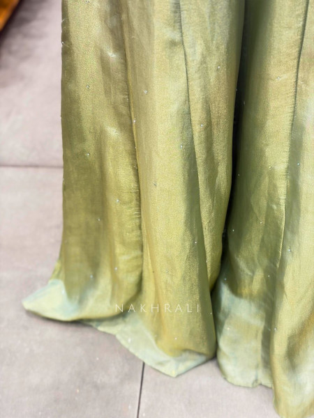 Quiero Green Satin Jumpsuit with Sequin Waist Work
