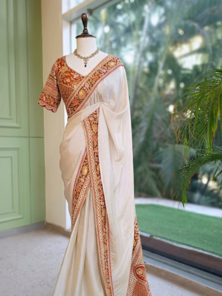 Mehr Cream & Orange Fusion Saree