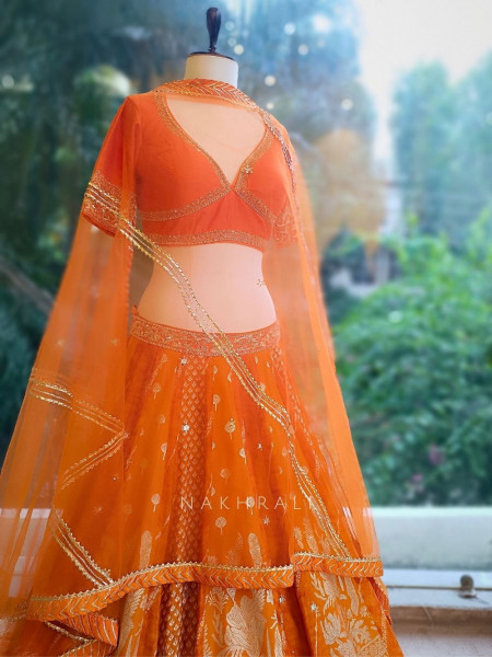 Pravya Orange Embroidered Lehenga with Sheer Dupatta