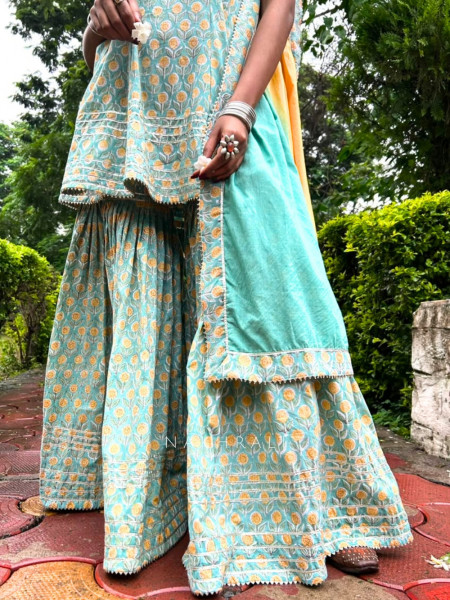 Meherin Pista Green  Cotton – Gharara Suit Set With Traditional Print Detail