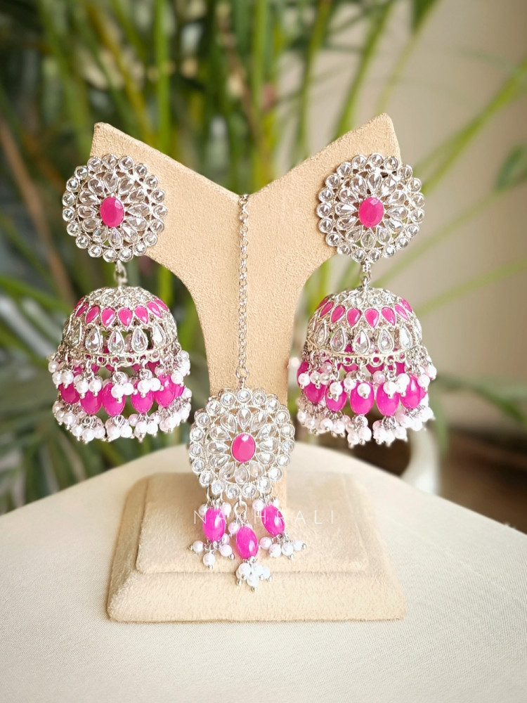 Image of Riyana Fuchsia Kundan Earring &amp; Tikka Set