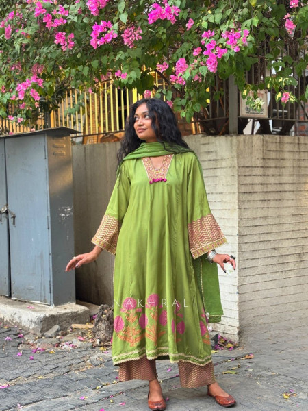 Madhura Green Cotton Suit Set with Printed Border Detail