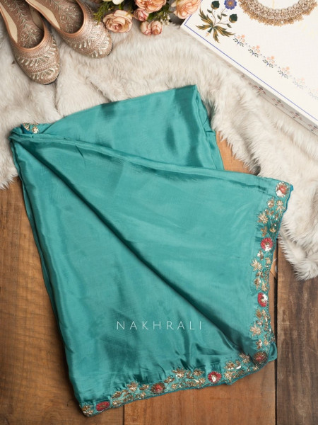 Cinderella Teal Satin Crepe Saree with Embroidered Readymade Blouse