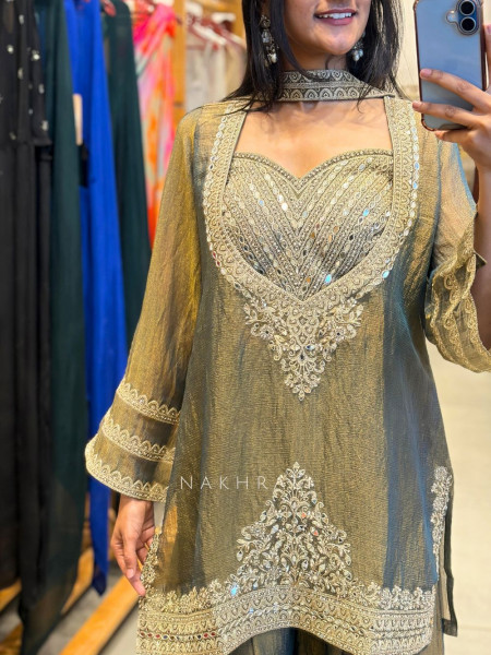 Aura Green Indo Western Palazzo Set with Mirror Embroidery