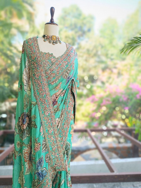 Neelvanika Firozi Floral Saree with Sequin Mirror Embroidery