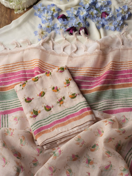 Panchi Beige Twill Blend Dress Material with Bird Thread Embroidery