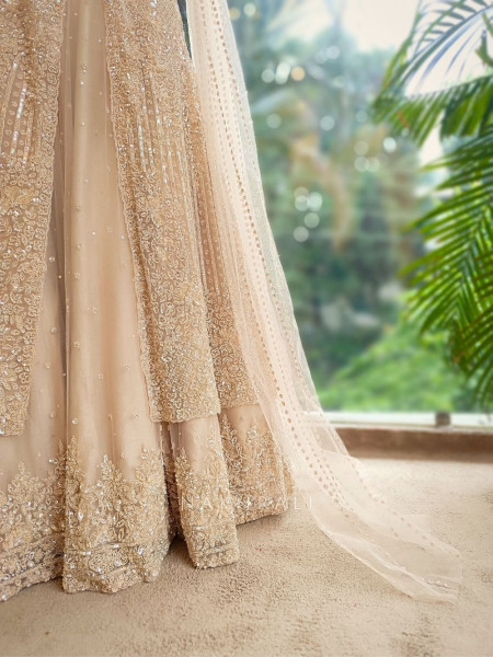 Aafreen Beige Indo-Western Bridal Lehenga with Sequin Embellishments