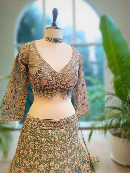 Elysian Sage Green Embroidered Sequin Lehenga