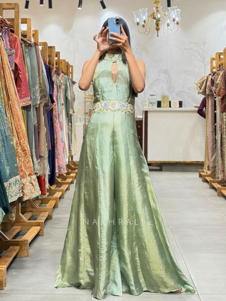 Quiero Green Satin Jumpsuit with Sequin Waist Work