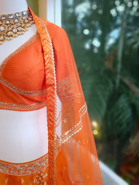 Pravya Orange Embroidered Lehenga with Sheer Dupatta