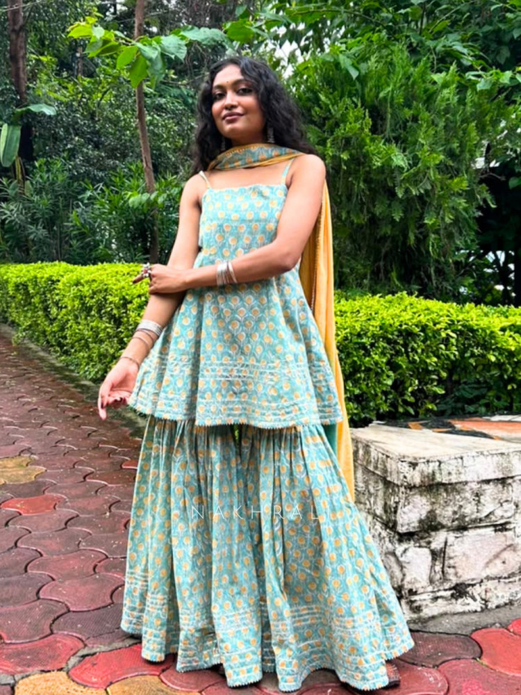 Image of Meherin Pista Green  Cotton – Gharara Suit Set With Traditional Print Detail