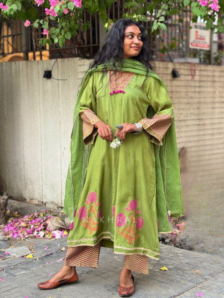Madhura Green Cotton Suit Set with Printed Border Detail