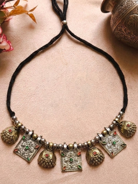 Triveni Antique Silver & Gold Oxidised Necklace & Earrings Set