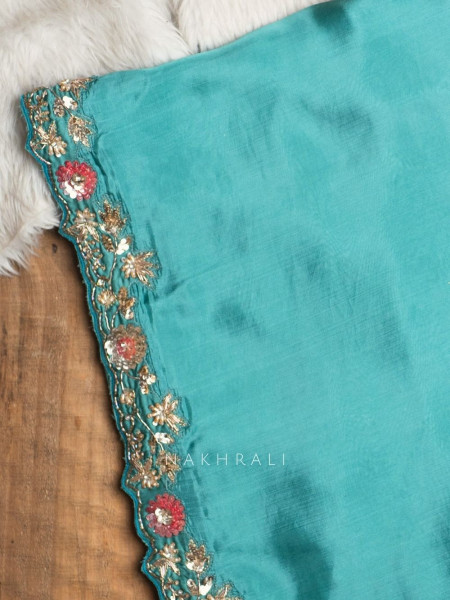 Cinderella Teal Satin Crepe Saree with Embroidered Readymade Blouse