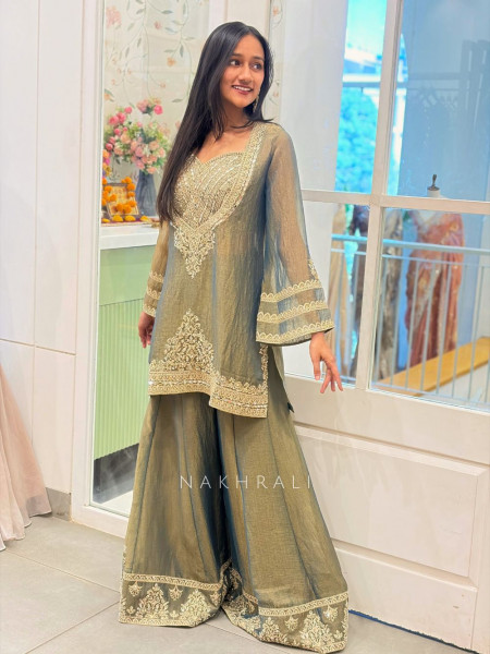 Aura Green Indo Western Palazzo Set with Mirror Embroidery