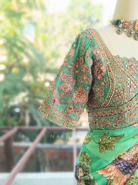 Neelvanika Firozi Floral Saree with Sequin Mirror Embroidery