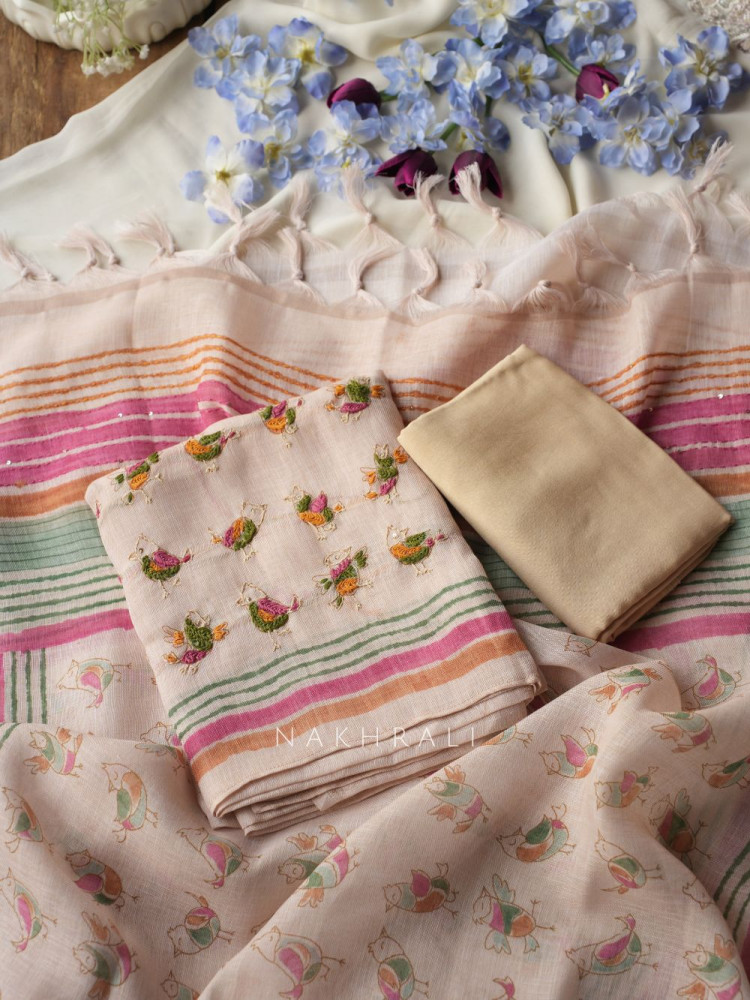 Image of Panchi Beige Twill Blend Dress Material with Bird Thread Embroidery