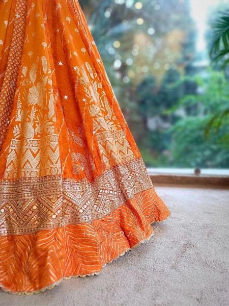 Pravya Orange Embroidered Lehenga with Sheer Dupatta