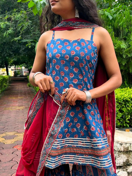 Varanya Blue Cotton – Gharara Suit Set With Traditional Print Detail