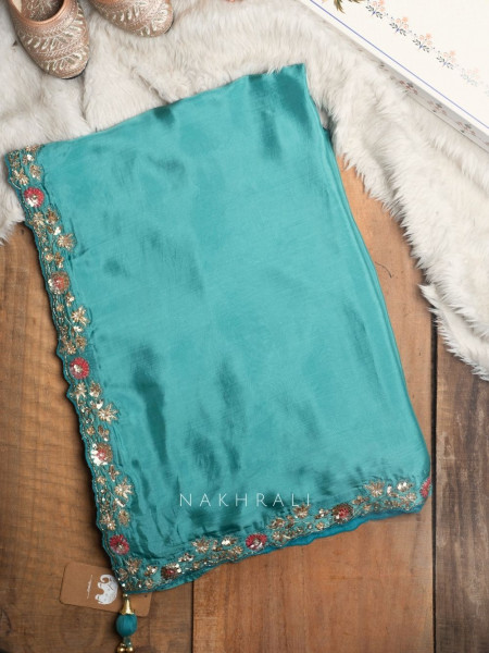 Cinderella Teal Satin Crepe Saree with Embroidered Readymade Blouse