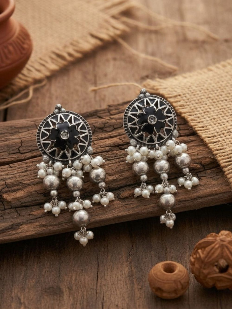 Image of Kusumika Multicolor Oxidised Statement Earrings With  Floral Motif &amp; Pearl Drop Detail