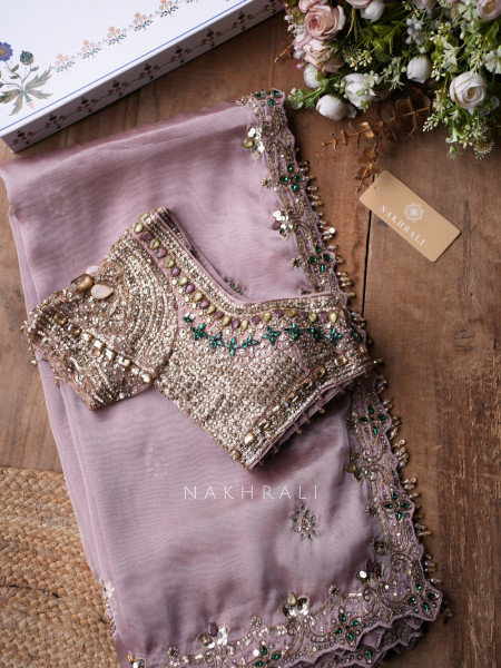 Marrakesh Noor Pink Saree with Readymade Blouse And Cutdana Mirror Work