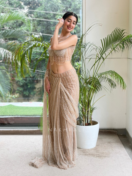 Tarini Beige Beaded Drape Saree