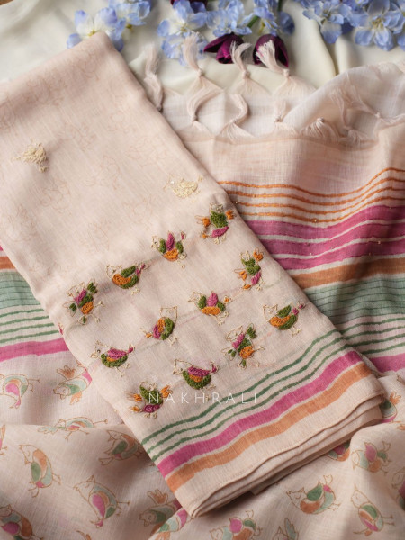Panchi Beige Twill Blend Dress Material with Bird Thread Embroidery