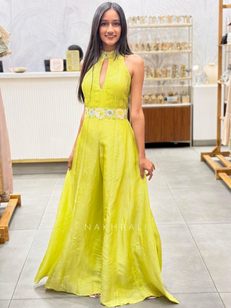 Quiero Parrot Green Satin Jumpsuit with Sequin Waist Work