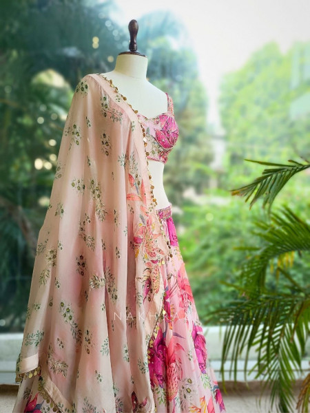 Aaral Pink Floral Print Lehenga with Zari & Sequin Work