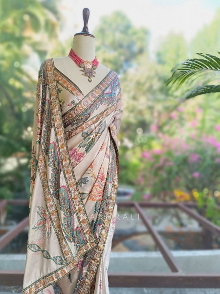 Shreeja Cream Saree with Floral Print and Sequin Work