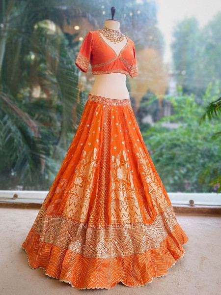 Pravya Orange Embroidered Lehenga with Sheer Dupatta
