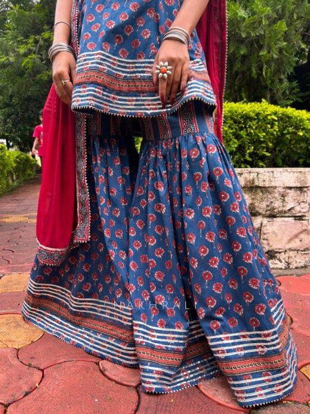 Varanya Blue Cotton – Gharara Suit Set With Traditional Print Detail