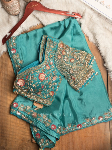 Cinderella Teal Satin Crepe Saree with Embroidered Readymade Blouse