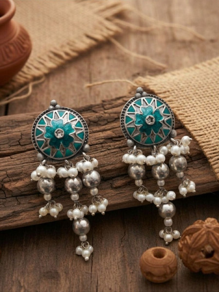 Kusumika Multicolor Oxidised Statement Earrings With  Floral Motif & Pearl Drop Detail