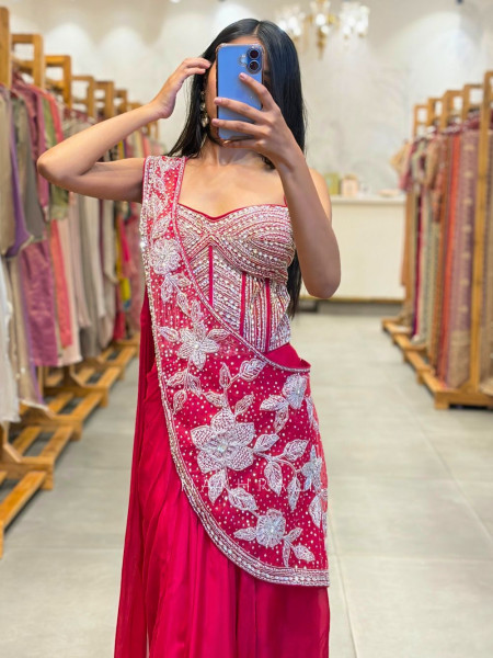 Cocktail Magenta Drape Saree with Cut Dana Sequin Bead Work