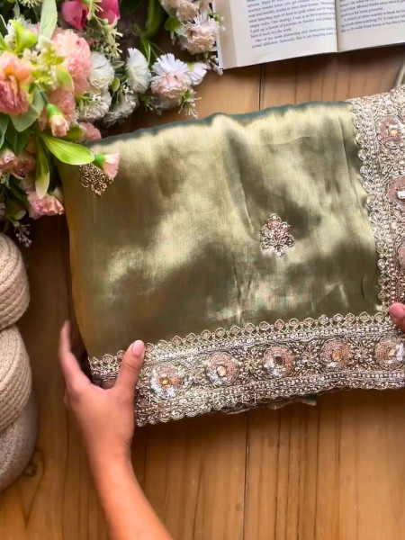 Swarna Sea Green Saree with Sequin Stone Embellished Border