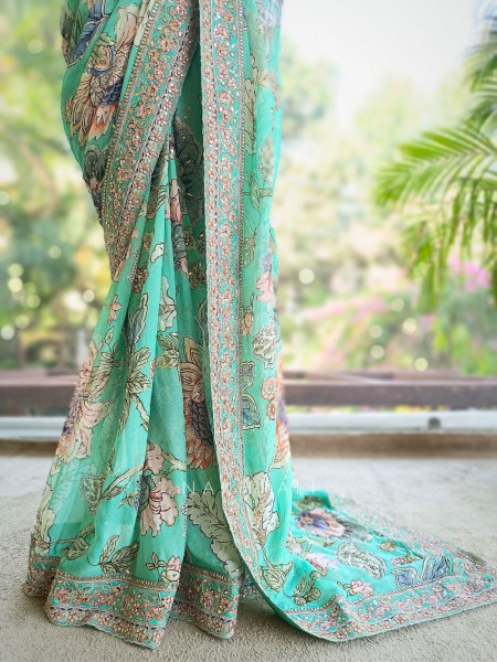 Neelvanika Firozi Floral Saree with Sequin Mirror Embroidery