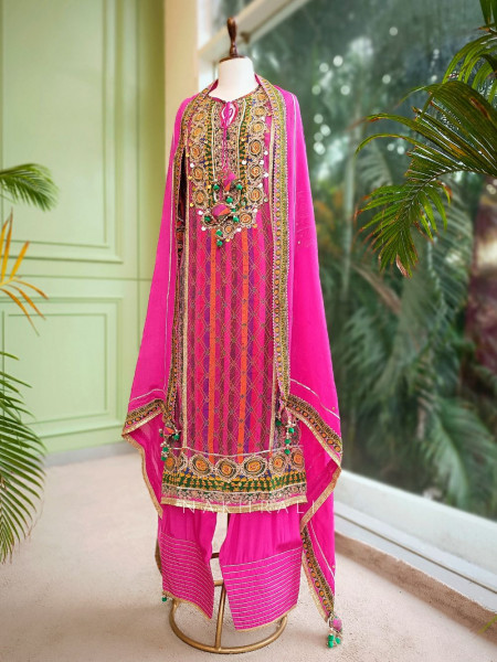 Aabroo Magenta Kurta Palazzo Set with Embroidered Detailing