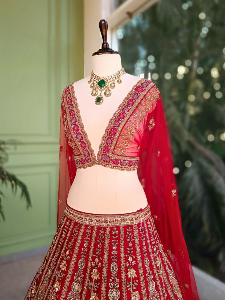 Rajvanya Red Unstitched Lehenga Set with Zari, Bead and Sequin Work