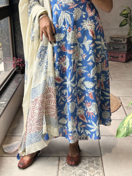 Mehira Blue Anarkali Suit Set with Floral Print