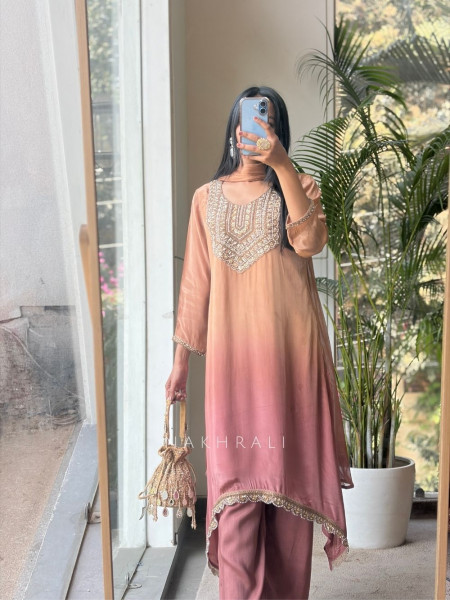 Ombre Brown Kurta Palazzo Set with Heavy Bead and Sequin Embroidery