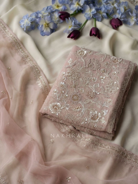 Celyra Peach Floral Embroidered Dress Material with Sequin Detail